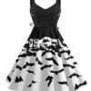 Black 1950s Patchwork Lace-up Bat Dress 2 Black 1950s Patchwork Lace-up Bat Dress -BUNBUN Fancy Clothing Shop SCV018507