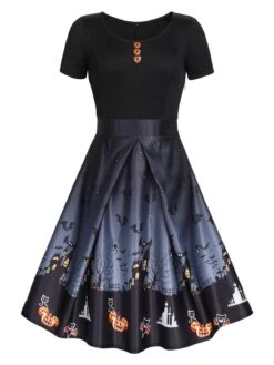 Black 1950s Halloween Button Dress