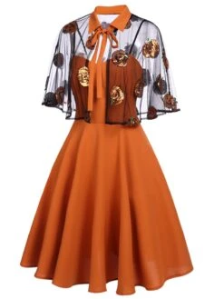 Orange 1950s Cape Pumpkin Swing Dress -BUNBUN Fancy Clothing Shop SCV019299 2