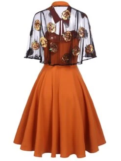 Orange 1950s Cape Pumpkin Swing Dress -BUNBUN Fancy Clothing Shop SCV019299 3