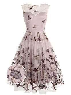 Purple 1950s Butterfly Lace Swing Dress