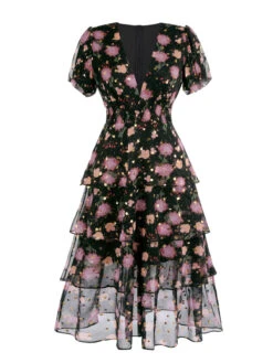 Black 1950s Lace Flowers Swing Dress -BUNBUN Fancy Clothing Shop SCV020898 B1 1