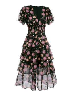 Black 1950s Lace Flowers Swing Dress -BUNBUN Fancy Clothing Shop SCV020898 B3