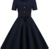 Navy Blue 1950s Solid Belt Swing Dress 1 Navy Blue 1950s Solid Belt Swing Dress -BUNBUN Fancy Clothing Shop SCV021021 NB 1