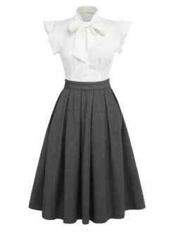 White & Gray 1950s Lace-Up Swing Dress -BUNBUN Fancy Clothing Shop SCV021041 4