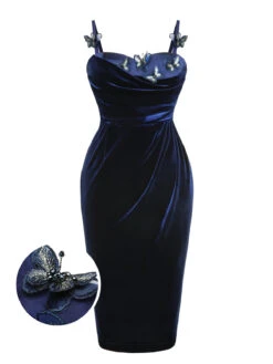 Blue 1960s 3D Butterfly Velvet Pencil Dress