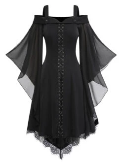 Black 1950s Bat Sleeve Lace-Up Dress -BUNBUN Fancy Clothing Shop SCV021081