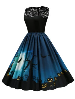 Navy Blue 1950s Halloween Lace Patchwork Dress -BUNBUN Fancy Clothing Shop SCV021088 NB 3