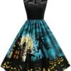 Blue 1950s Halloween Lace Patchwork Dress