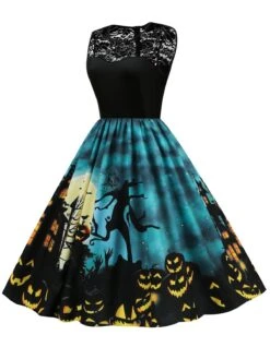 Blue 1950s Halloween Lace Patchwork Dress -BUNBUN Fancy Clothing Shop SCV021091 BL 3