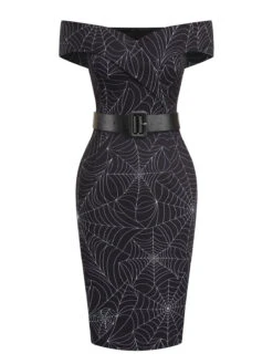 Black 1960s Off-shoulder Spider Web Dress -BUNBUN Fancy Clothing Shop SCV021131 3