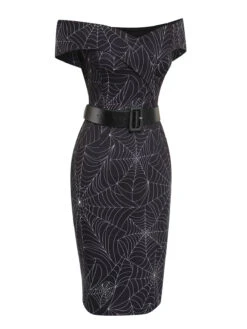 Black 1960s Off-shoulder Spider Web Dress -BUNBUN Fancy Clothing Shop SCV021131 4