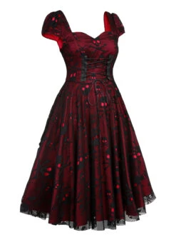 Wine Red 1950s Skull Mesh Swing Dress -BUNBUN Fancy Clothing Shop SCV021138 3