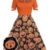 Orange 1950s Halloween Pumpkin Swing Dress 1 Orange 1950s Halloween Pumpkin Swing Dress -BUNBUN Fancy Clothing Shop SCV021141