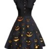 Black 1950s Halloween Pumpkin Patchwork Dress -BUNBUN Fancy Clothing Shop SCV021191