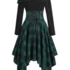 Green 1950s Long Sleeve Patchwork Swing Dress -BUNBUN Fancy Clothing Shop SCV021198 G 1