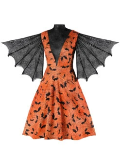 Orange Halloween Spider Sleeve Vintage Dress -BUNBUN Fancy Clothing Shop SCV021202 2