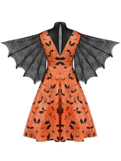 Orange Halloween Spider Sleeve Vintage Dress -BUNBUN Fancy Clothing Shop SCV021202 3