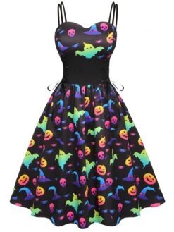 1950s Halloween Colorful Print Strap Dress -BUNBUN Fancy Clothing Shop SCV021205 1