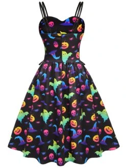 1950s Halloween Colorful Print Strap Dress -BUNBUN Fancy Clothing Shop SCV021205 3