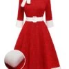 Red 1950s Solid Plush Christmas Dress -BUNBUN Fancy Clothing Shop SCV021231