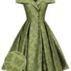 Green 1950s Off-Shoulder Vintage Dress -BUNBUN Fancy Clothing Shop SCV021276 G 1