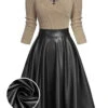 Khaki 1950s Knitted Leather Patchwork Dress -BUNBUN Fancy Clothing Shop SCV021317