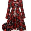 Red 1950s Plaid Lace-up Hooded Dress -BUNBUN Fancy Clothing Shop SCV021323 R 1