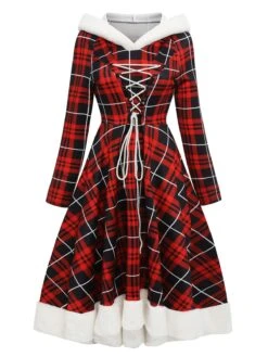 Red 1950s Plaid Lace-up Hooded Dress 12 Red 1950s Plaid Lace-up Hooded Dress -BUNBUN Fancy Clothing Shop SCV021323 R 2