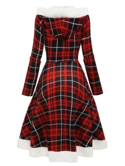 Red 1950s Plaid Lace-up Hooded Dress 13 Red 1950s Plaid Lace-up Hooded Dress -BUNBUN Fancy Clothing Shop SCV021323 R 3
