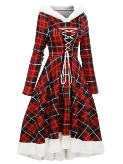 Red 1950s Plaid Lace-up Hooded Dress 14 Red 1950s Plaid Lace-up Hooded Dress -BUNBUN Fancy Clothing Shop SCV021323 R 4