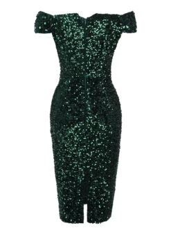 Green 1960s Sequins Off-Shoulder Pencil Dress -BUNBUN Fancy Clothing Shop SCV021325 2