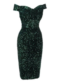 Green 1960s Sequins Off-Shoulder Pencil Dress -BUNBUN Fancy Clothing Shop SCV021325 3