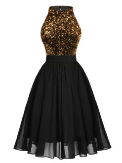 Black 1950s Gold Glitter Patchwork Dress -BUNBUN Fancy Clothing Shop SCV021327 B 2