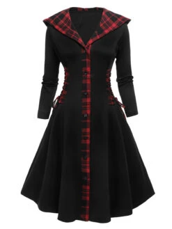 Black 1950s Plaid Hooded Swing Dress -BUNBUN Fancy Clothing Shop SCV021329 1