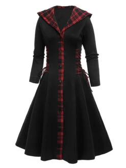 Black 1950s Plaid Hooded Swing Dress -BUNBUN Fancy Clothing Shop SCV021329 3