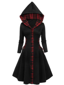 Black 1950s Plaid Hooded Swing Dress -BUNBUN Fancy Clothing Shop SCV021329 4