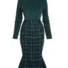 Green 1930s Plaid Turtleneck Fishtail Dress -BUNBUN Fancy Clothing Shop SCV021392 G