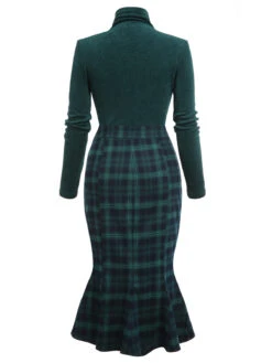 Green 1930s Plaid Turtleneck Fishtail Dress -BUNBUN Fancy Clothing Shop SCV021392 G3