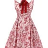 Red 1940s Floral Bow Lapel Sleeveless Dress