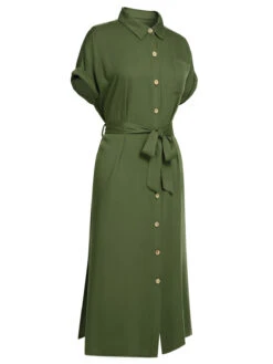 Green 1940s Solid Belted Slit Dress -BUNBUN Fancy Clothing Shop SCV021538 2 compressed