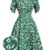 Green 1940s V-Neck Floral Dress -BUNBUN Fancy Clothing Shop SCV021556 01