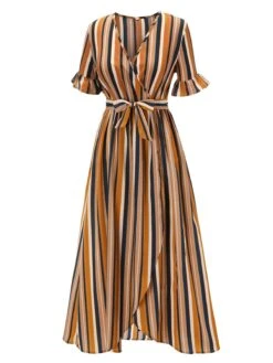 Earth Yellow 1950s Stripes Wrap Waist Dress 11 Earth Yellow 1950s Stripes Wrap Waist Dress -BUNBUN Fancy Clothing Shop SCV021566 2
