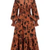 Orange 1950s Floral V-Neck High Waist Dress -BUNBUN Fancy Clothing Shop SCV021570 1