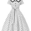 White 1940s Polka Dot Lapel Dress -BUNBUN Fancy Clothing Shop SCV021571 1
