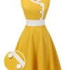 Yellow & White 1940s Buttons Patchwork Dress -BUNBUN Fancy Clothing Shop SCV021574 01