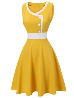 Yellow & White 1940s Buttons Patchwork Dress -BUNBUN Fancy Clothing Shop SCV021574 2
