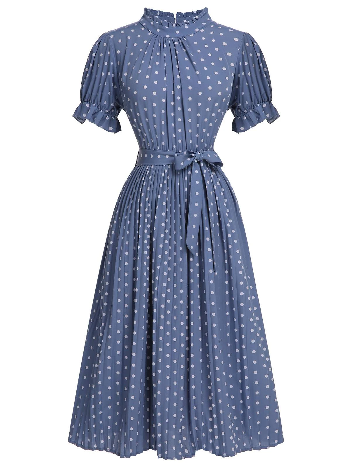 Blue 1930s Polka Dots Bow Tie Pleated Dress 3 Blue 1930s Polka Dots Bow Tie Pleated Dress