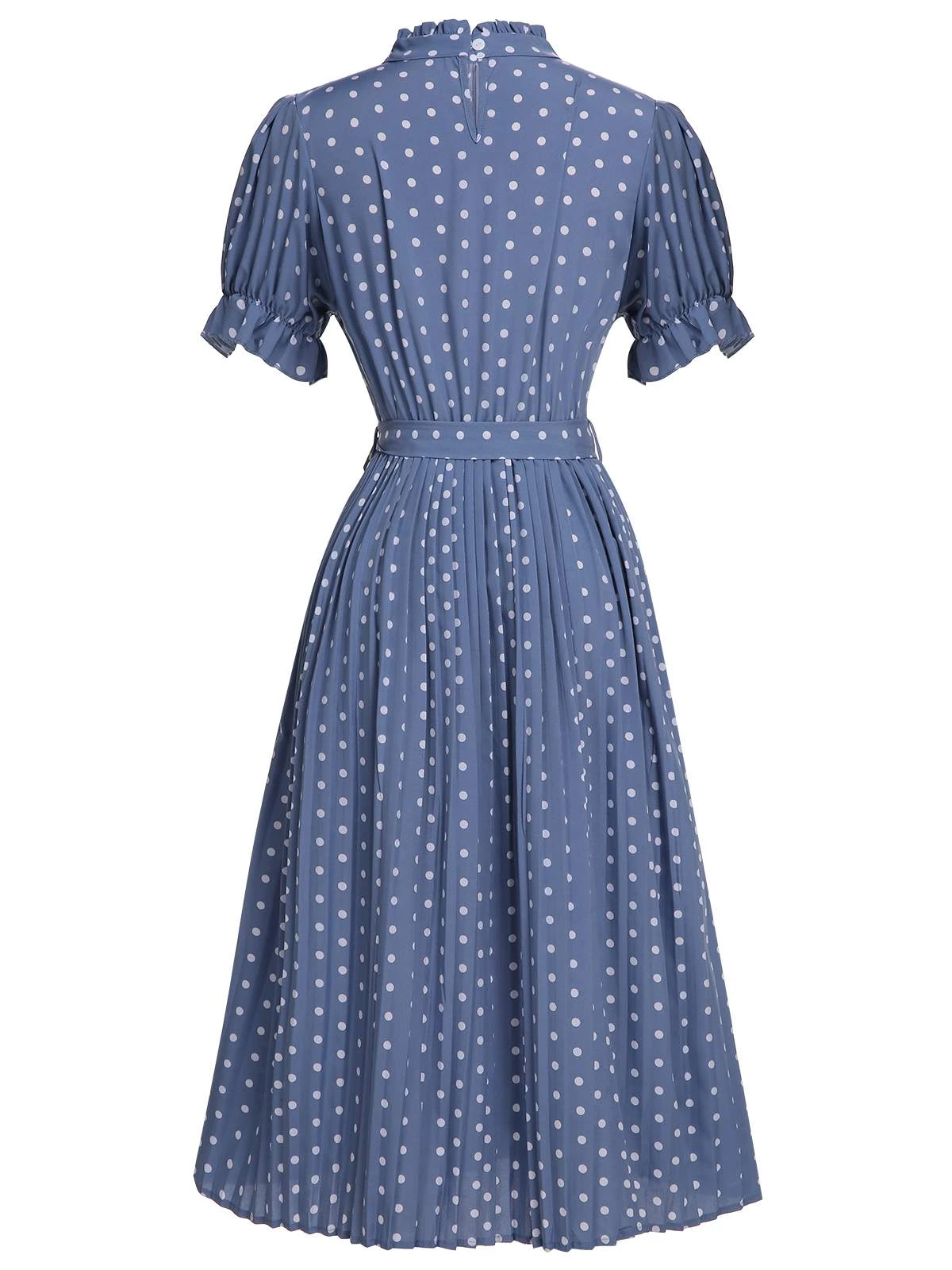 Blue 1930s Polka Dots Bow Tie Pleated Dress 4 Blue 1930s Polka Dots Bow Tie Pleated Dress - Image 2