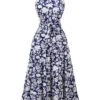 Blue 1930s Stand Collar Floral Dress -BUNBUN Fancy Clothing Shop SCV021583 1